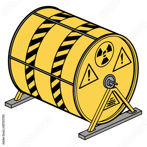 Hazardous waste disposal drum icon with rolling hazard symbol and safety warning signs