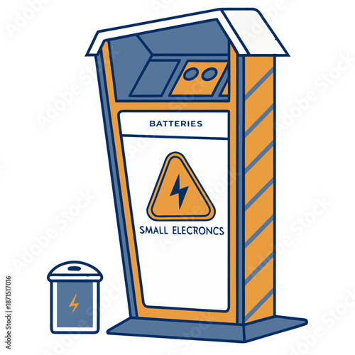 Recycling bin for batteries and small electronics, depicted as a compact, modern unit with a separate disposal container