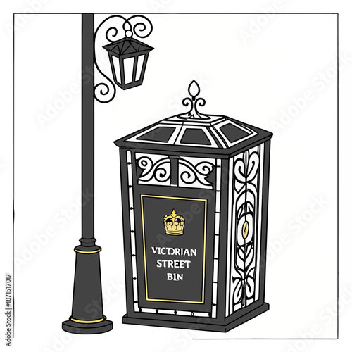 Victorian Street Bin Icon Classic Ornate Lamppost and Decorative Trash Receptacle Illustration