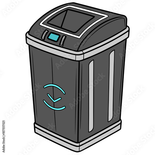 Futuristic smart trash bin with glowing blue indicators and modern design for waste management and recycling