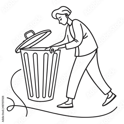 Clean line art icon of a person disposing of waste into a modern cylindrical trash can, representing daily cleanup, organization, and responsible environmental practices