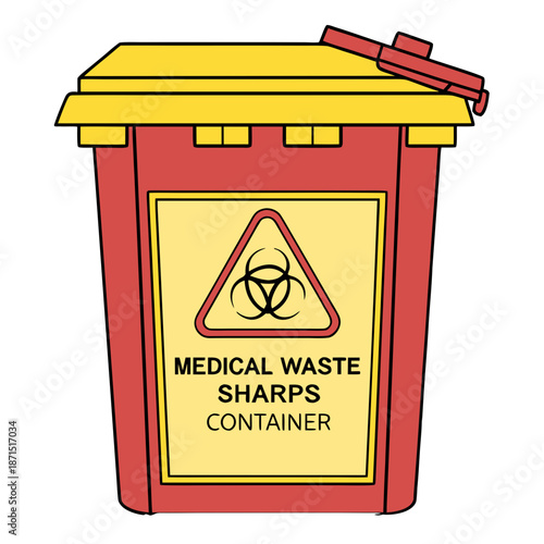 Illustration of a Red Medical Waste Sharps Container with a Yellow Lid and Biohazard Symbol for Safe Disposal of Medical Needles