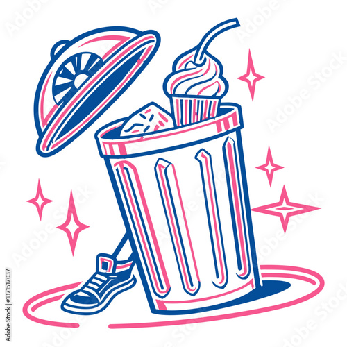 Vibrant, geometric trash bin icon with an energetic twist, creatively designed illustration featuring a delightful cupcake, sparkling with playful charm and dynamic movement