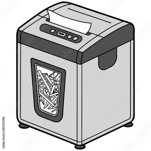 Modern office paper shredder with integrated waste bin for secure document destruction and privacy protection, illustrated as a clear, functional icon for business and home use
