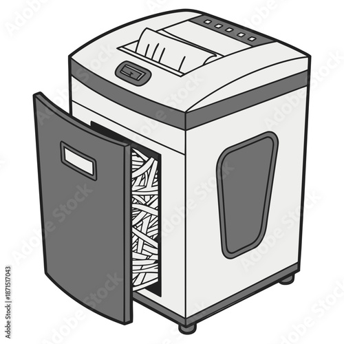A black and white illustration of a paper shredder with its door open, revealing shredded paper inside, symbolizing document destruction and data security
