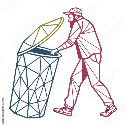 Vibrant detailed low-poly icon depicting a man placing waste into a geometric trash can, emphasizing responsible disposal and urban environmental stewardship