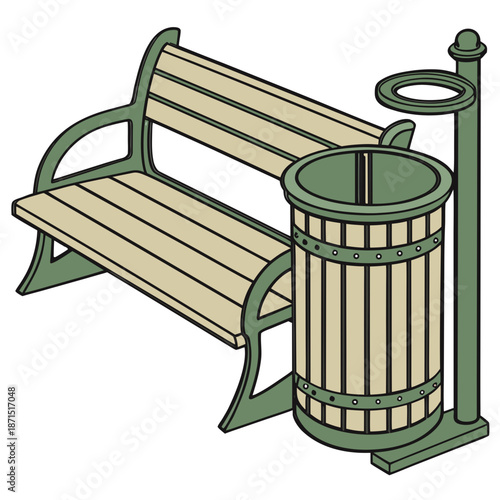 Modern public park bench and waste bin illustration, envisioning self-sanitizing UV light features for germ elimination and enhanced cleanliness