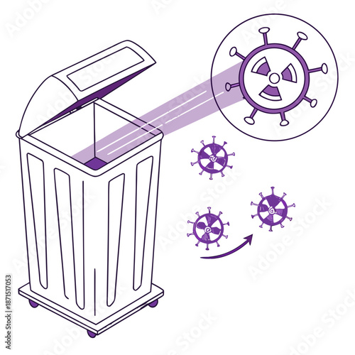 Detailed vector graphic depicting the safe disposal of infectious viruses and biohazardous waste into a specialized bin, crucial for public health and safety