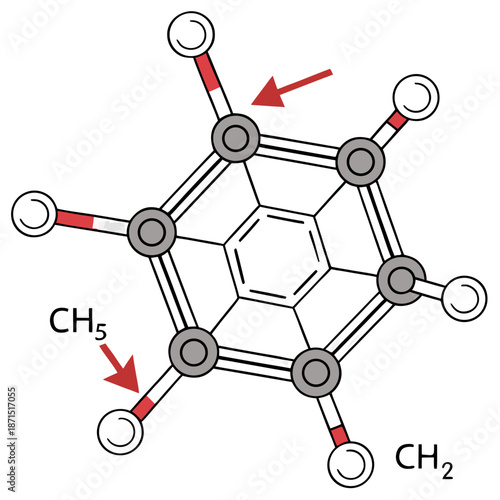 Illustration of a fullerene molecule structure, depicting chemical bonds and atoms with designated groups CH3 and CH5, highlighted with red arrows
