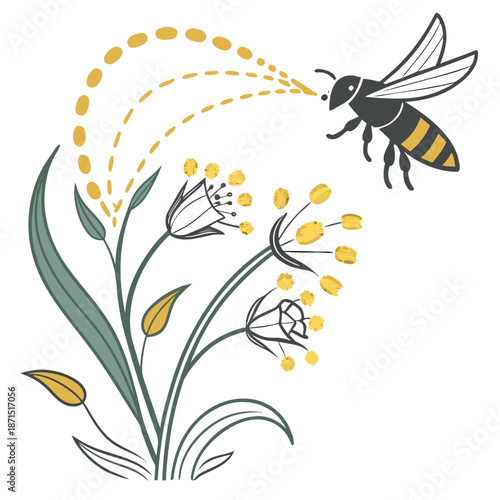 A sophisticated icon showing cross-pollination mechanism, featuring a diligent bee approaching vibrant flowers with pollen trails, representing nature's intricate ecosystem and biological processes