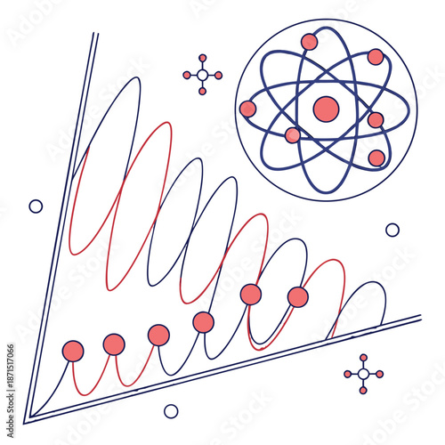 Dynamic vector illustration portraying sophisticated quantum physics concepts, scientific data analysis, and atomic structure with vibrant oscillating wave patterns