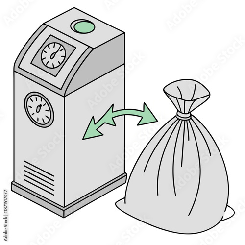 Automated Waste Processing System Managing and Disposing of Refuse in Tied Bags, Highlighting Efficient Garbage Compaction and Environmental Responsibility Illustration