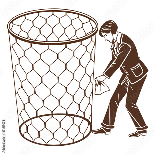 A businessman tidying up, putting trash into a modern, hexagonal trash can, symbolizing cleanliness and organization