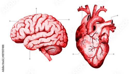 Detailed illustration of human brain and heart side-by-side with anatomical labels, red watercolor style on white background.