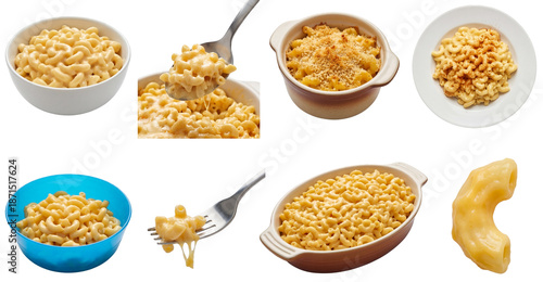 set of mac and cheese in different views, including bowls, spoonfuls and single macaroni noodles isolated on a transparent background © Flowal93