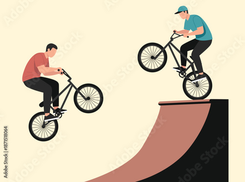 male BMX riders perform tricks, one on a flat surface doing a wheelie, and the other launching off a curved ramp. extreme sport