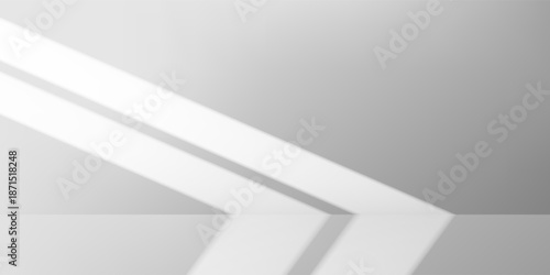 Realistic sunlight overlay casts soft window blind shadows on white empty room walls. Minimal studio backdrop with 3d podium and sun beam effect creates a bright scene for product mockups.