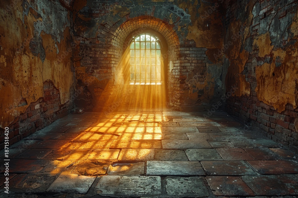 Obraz premium Bright sunlight streams through a barred window in an old, abandoned brick room with peeling walls