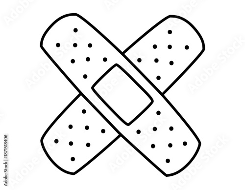 Hand drawn cute outline illustration of two crossed adhesive plasters. Flat vector medical court plaster line art doodle. Sticky aid patch. Health care sticker, icon. Support or help. Isolated.
