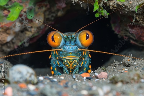 Colorful mantis shrimp peeking out from a burrow in a sandy marine environment during daytime