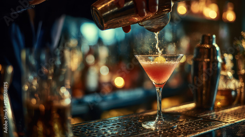 Cinematic Close-Up of a Bartender Pouring a Vibrant Cocktail into a Martini Glass at a Stylish Bar Counter