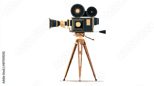 Vintage Film Camera on Tripod Depicts Classic Cinematography

