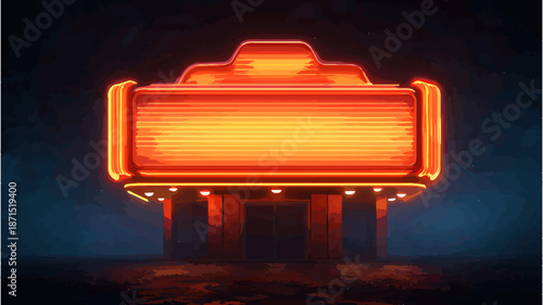 Blank Retro Sign with Neon Lights and Building Facade

