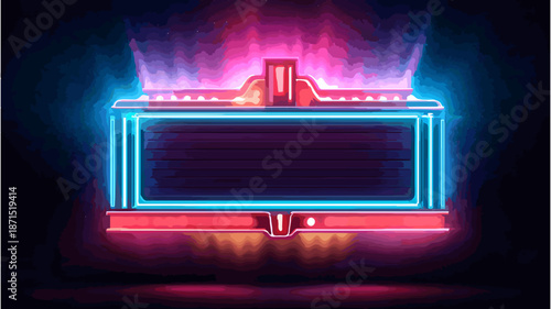 Blank Retro Sign with Neon Lights and Building Facade

