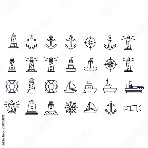  lighthouse icons with ships, anchors, compasses icons set vector design 