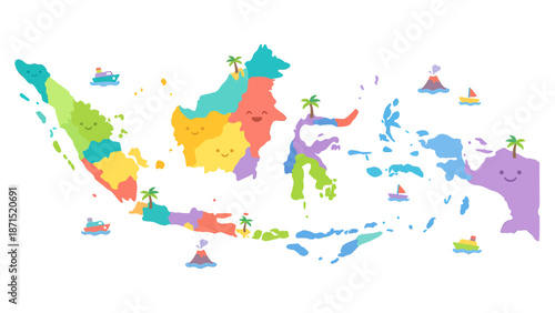 Colorful Map of Indonesia Showing Provinces and Islands with Tropical Elements. Vector Illustration. EPS Editable