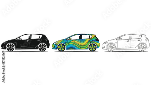 Car wrap design progression in colorful black and outline styles representing vehicle branding customization and auto graphics