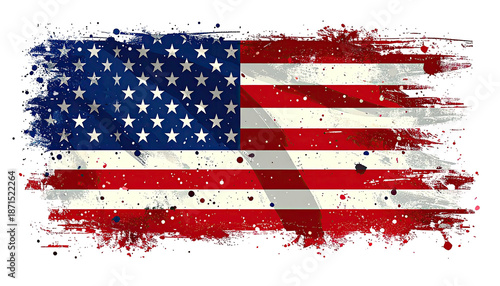Distressed depiction of the U.S. flag with a grunge effect. Dark backdrop, brushstroke borders