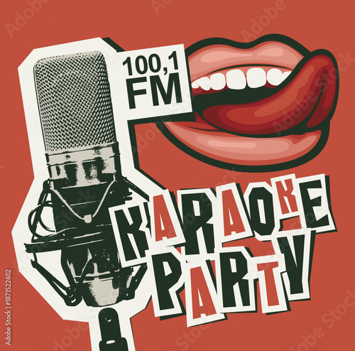 Vector music poster or banner for karaoke party with studio microphone, singing mouth and funny inscription. Advertising poster, banner, flyer, invitation.