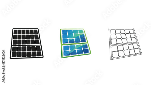 Solar panel set in black colorful and outline styles representing renewable energy eco technology and sustainable power