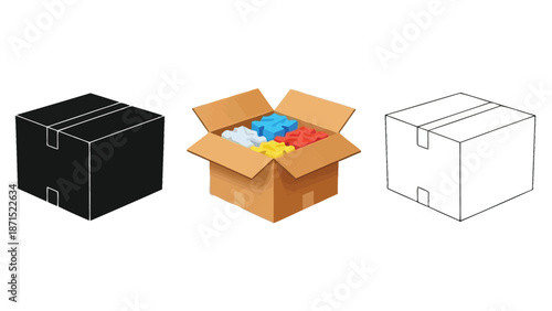 Cardboard box set in black colorful and outline styles representing packaging delivery ecommerce and storage solutions