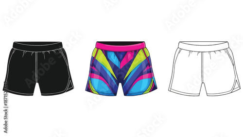 Shorts clothing set in black colorful and outline styles representing summer wear sports fashion and casual apparel design
