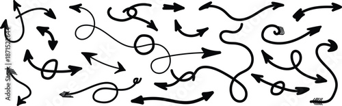 Collection of black arrows with various directions and curvatures on white background