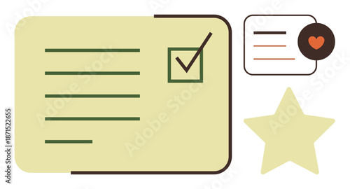 Task management, goal setting, productivity, efficiency, organization, feedback system. A checklist with a tick, star and heart comment bubble. Task management and goal setting visual concept