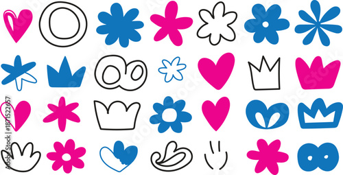Colorful graphic illustration of hearts crowns flowers and hand gestures