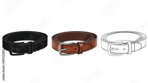 Leather belt set in black brown and outline styles representing fashion accessory men clothing and modern wardrobe design