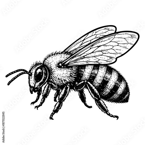  Vintage black ink engraved bee illustration isolated on white background
