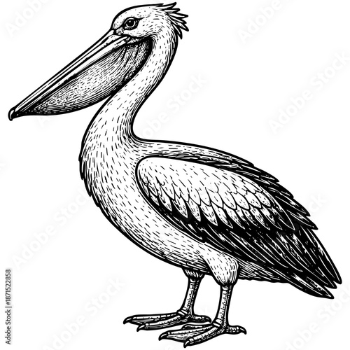 Vintage black ink engraved pelican illustration isolated on white background