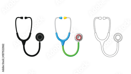 Medical stethoscope set in black colorful and outline styles representing healthcare diagnosis and doctor equipment