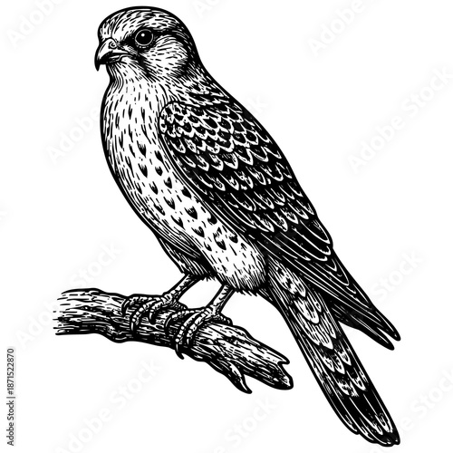 Vintage black ink engraved falcon illustration isolated on white background