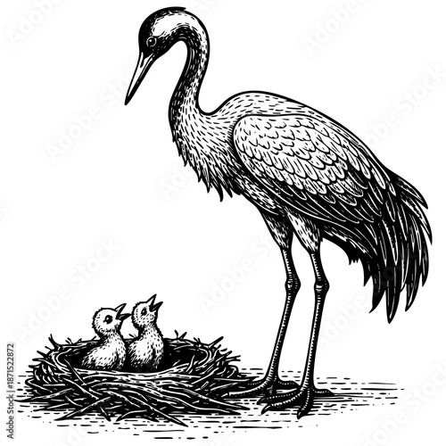 Vintage black ink engraved crane bird with chicks illustration isolated on white background