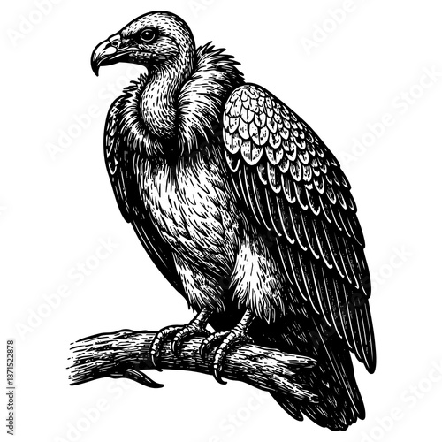 Vintage black ink engraved vulture bird illustration isolated on white background