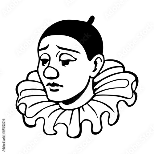 Head of sad Pierrot. Vector isolated illustration. Black and white