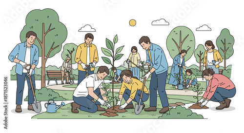 Group of people planting trees together in a park on a sunny day.