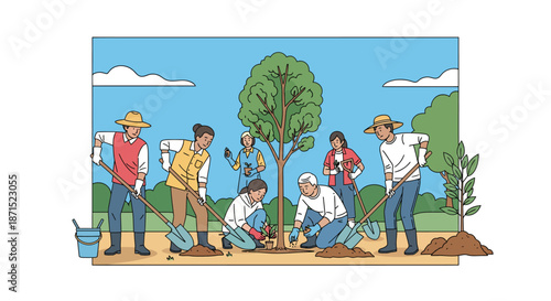 Group of people planting trees together in a garden.