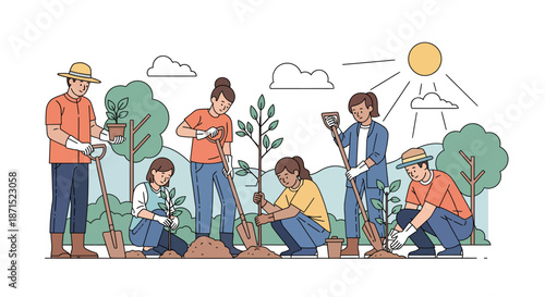 Group of people planting trees together outdoors on a sunny day.